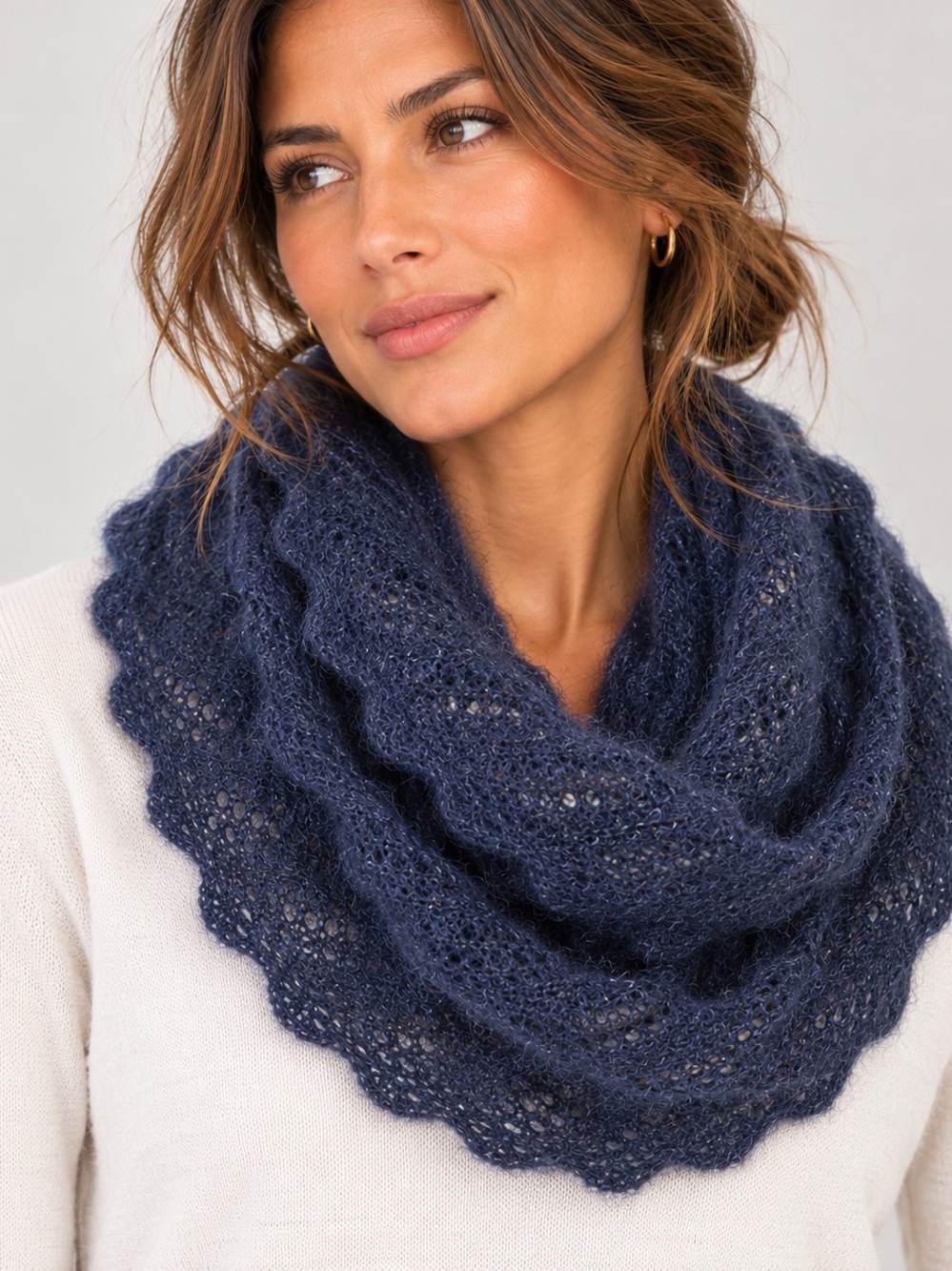 Eileen Fisher Mohair Blend Lace Knit Infinity Scarf Snood Navy Blue